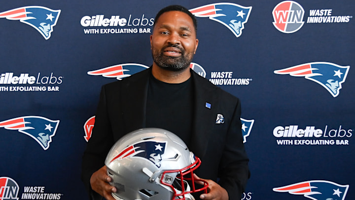 Jan 17, 2024; Foxborough, MA, USA; New England Patriots head coach Jerod Mayo poses for a photo