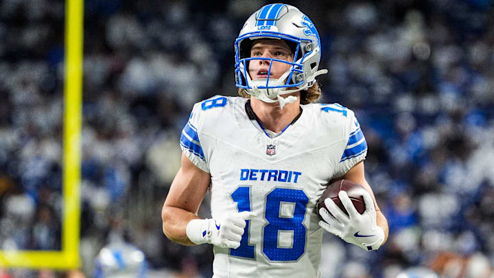 Detroit Lions wide receiver Isaac Teslaa (18) warms up before the Dallas Cowboys game at Ford Field in Detroit on Thursday, Dec. 4, 2025.