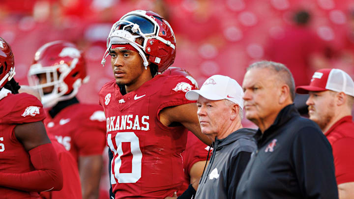 Arkansas Razorback quarterback Taylen Green, offensive coordinator Bobby Petrino and head coach Sam Pittman watch from the sideline during last season's home loss to the LSU Tigers.