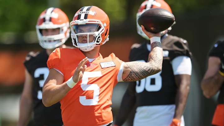 May 10, 2025; Berea, OH, USA; Cleveland Browns quarterback Dillon Gabriel (5) throws a pass during rookie minicamp at CrossCountry Mortgage Campus. Mandatory Credit: Ken Blaze-Imagn Images