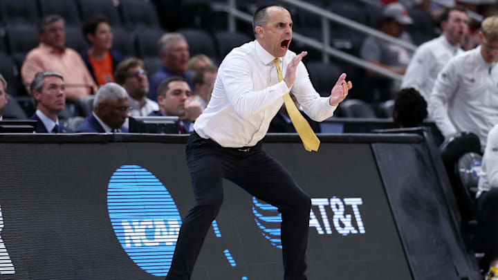 Mar 26, 2026; Houston, TX, USA; Iowa Hawkeyes head coach Ben McCollum reacts in the first half during a Sweet Sixteen game of the South Regional of the men's 2026 NCAA Tournament at Toyota Center. Mandatory Credit: Troy Taormina-Imagn Images