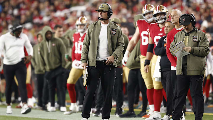 Nov 24, 2025; Santa Clara, California, USA; San Francisco 49ers head coach Kyle Shanahan during the second half at Levi's Stadium. Mandatory Credit: Kelley L Cox-Imagn Images