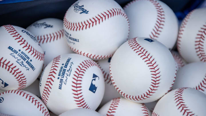 Jul 7, 2023; Detroit, Michigan, USA; A bag of baseballs sits in the Toronto Blue Jays dugout before