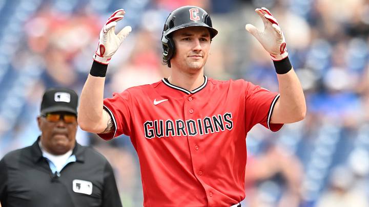 Sep 3, 2026: Cleveland Guardians right fielder Chase DeLauter (24) celebrates after hitting a double during the first inning against the Toronto Blue Jays at Progressive Field. Credit: Ken Blaze-Imagn Images