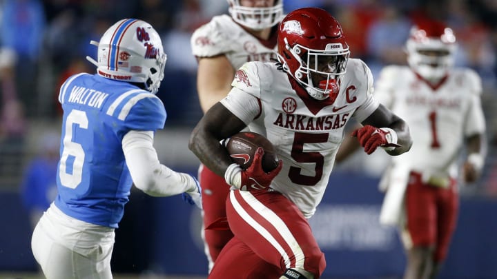 Oct 7, 2023; Oxford, Mississippi, USA; Arkansas Razorbacks running back Raheim Sanders (5) runs the ball during the second half against the Mississippi Rebels at Vaught-Hemingway Stadium. Mandatory Credit: Petre Thomas-USA TODAY Sports Oct 7, 2023; Oxford, Mississippi, USA; Arkansas Razorbacks running back Raheim Sanders (5) runs the ball during the second half against the Mississippi Rebels at Vaught-Hemingway Stadium. Mandatory Credit: Petre Thomas-USA TODAY Sports