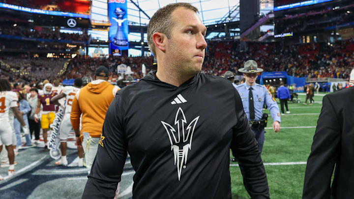 Jan 1, 2025; Atlanta, GA, USA; Arizona State Sun Devils head coach Kenny Dillingham walks off the field after a loss to the Texas Longhorns in the Peach Bowl at Mercedes-Benz Stadium. Mandatory Credit: Brett Davis-Imagn Images