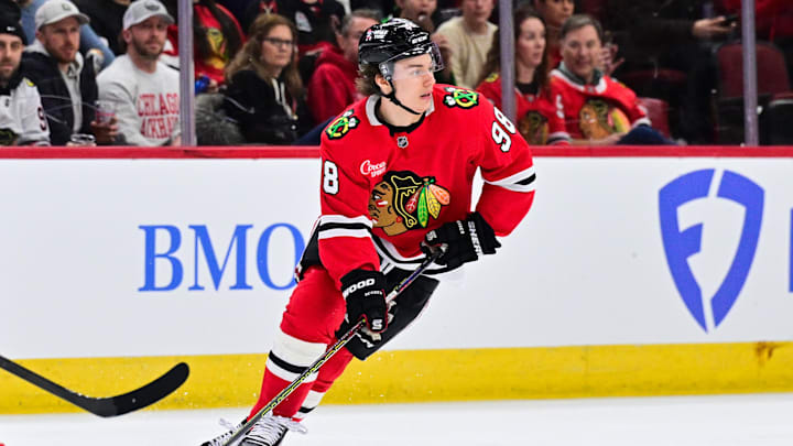 Feb 5, 2025; Chicago, Illinois, USA; Chicago Blackhawks center Connor Bedard (98) skates with the puck against the Edmonton Oilers during the second period at the United Center. Mandatory Credit: Daniel Bartel-Imagn Images Feb 5, 2025; Chicago, Illinois, USA; Chicago Blackhawks center Connor Bedard (98) skates with the puck against the Edmonton Oilers during the second period at the United Center. Mandatory Credit: Daniel Bartel-Imagn Images