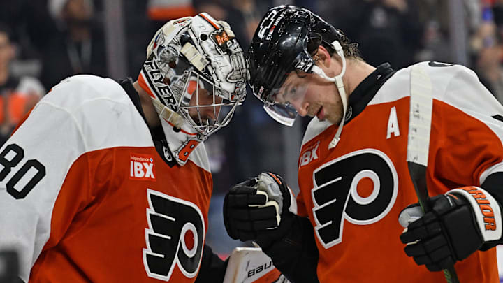 Dec 22, 2025; Philadelphia, Pennsylvania, USA; Philadelphia Flyers goaltender Dan Vladar (80) and Philadelphia Flyers defenseman Travis Sanheim (6) celebrate win against the Vancouver Canucks at Xfinity Mobile Arena. Dec 22, 2025; Philadelphia, Pennsylvania, USA; Philadelphia Flyers goaltender Dan Vladar (80) and Philadelphia Flyers defenseman Travis Sanheim (6) celebrate win against the Vancouver Canucks at Xfinity Mobile Arena.