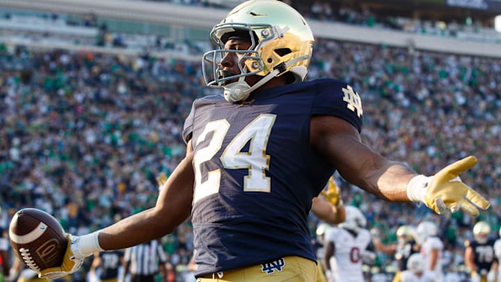 Notre Dame running back Jadarian Price celebrates scoring a touchdown during a NCAA college football game between Notre Dame and Stanford at Notre Dame Stadium on Saturday, Oct. 12, 2024, in South Bend. Notre Dame running back Jadarian Price celebrates scoring a touchdown during a NCAA college football game between Notre Dame and Stanford at Notre Dame Stadium on Saturday, Oct. 12, 2024, in South Bend.