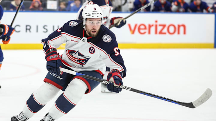 Jan 20, 2025; Elmont, New York, USA;  Columbus Blue Jackets defenseman Ivan Provorov (9) at UBS Arena. Mandatory Credit: Wendell Cruz-Imagn Images