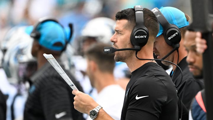Oct 5, 2025; Charlotte, North Carolina, USA; Carolina Panthers head coach Dave Canales on the sidelines in the second quarter at Bank of America Stadium. Mandatory Credit: Bob Donnan-Imagn Images Oct 5, 2025; Charlotte, North Carolina, USA; Carolina Panthers head coach Dave Canales on the sidelines in the second quarter at Bank of America Stadium. Mandatory Credit: Bob Donnan-Imagn Images