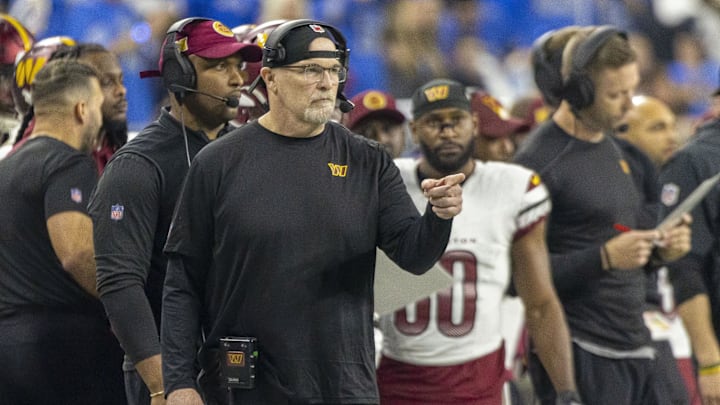 Washington Commanders head coach Dan Quinn looks on during the second half against Detroit Lions. Washington Commanders head coach Dan Quinn looks on during the second half against Detroit Lions.
