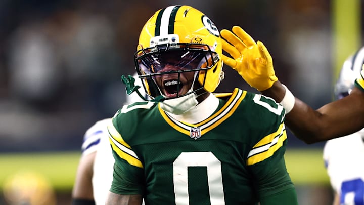 Sep 28, 2025; Arlington, Texas, USA; Green Bay Packers wide receiver Matthew Golden (0) reacts in the first quarter against the Dallas Cowboys at AT&T Stadium. Sep 28, 2025; Arlington, Texas, USA; Green Bay Packers wide receiver Matthew Golden (0) reacts in the first quarter against the Dallas Cowboys at AT&T Stadium.