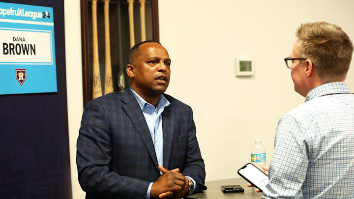 Feb 15, 2024; Tampa, FL, USA; Houston Astros general manager Dana Brown talks with media at George M. Steinbrenner Field. Feb 15, 2024; Tampa, FL, USA; Houston Astros general manager Dana Brown talks with media at George M. Steinbrenner Field.