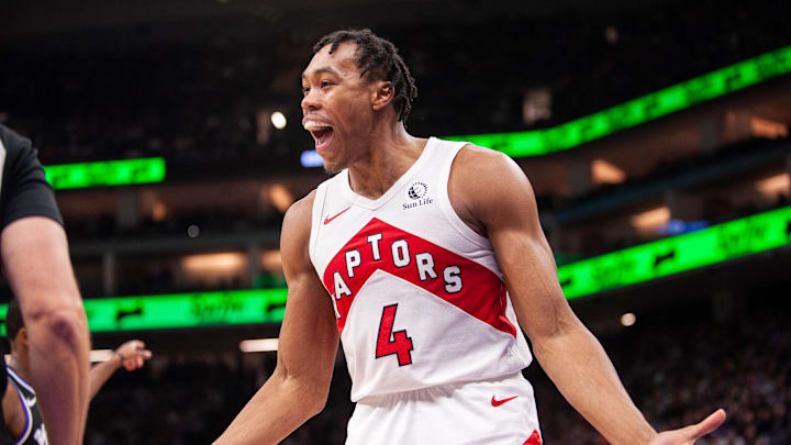 Jan 5, 2024; Sacramento, California, USA; Toronto Raptors forward Scottie Barnes (4) reacts to a call during the fourth quarter against the Sacramento Kings at Golden 1 Center. Mandatory Credit: Ed Szczepanski-Imagn Images