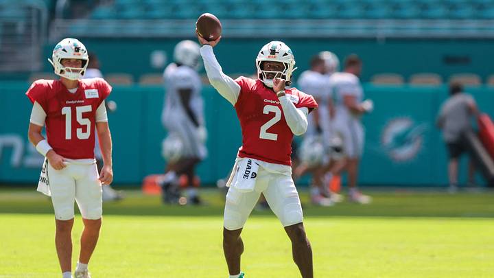 Miami Dolphins quarterback Malik Willis (2) throws the football during practice at Hard Rock Stadium. Miami Dolphins quarterback Malik Willis (2) throws the football during practice at Hard Rock Stadium.