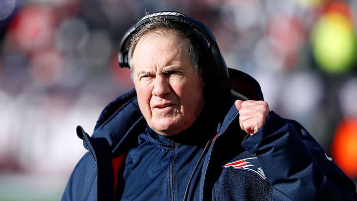 Jan 13, 2019; Foxborough, MA, USA; New England Patriots head coach Bill Belichick during the second quarter against the Los Angeles Chargers in an AFC Divisional playoff football game at Gillette Stadium. Mandatory Credit: Winslow Townson-Imagn Images