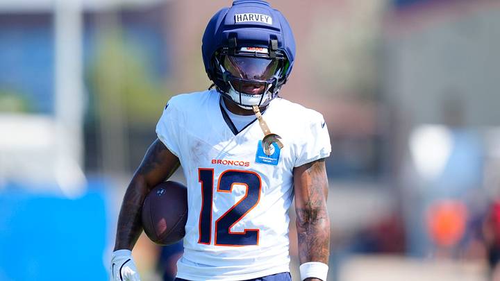 Jul 31, 2026; Englewood, CO, USA; Denver Broncos running back RJ Harvey (12) during training camp at Broncos Park. Mandatory Credit: Ron Chenoy-Imagn Images Jul 31, 2026; Englewood, CO, USA; Denver Broncos running back RJ Harvey (12) during training camp at Broncos Park. Mandatory Credit: Ron Chenoy-Imagn Images