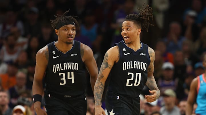 Mar 16, 2023; Phoenix, Arizona, USA; Orlando Magic center Wendell Carter Jr. (34) and guard Markelle 