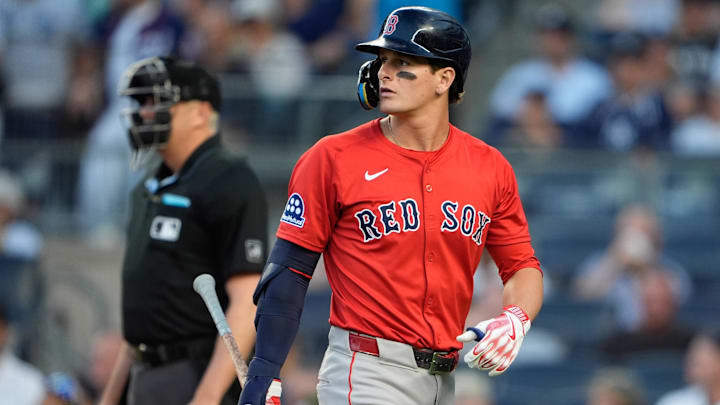 Aug 22, 2025; Bronx, New York, USA;  Boston Red Sox right fielder Roman Anthony (19) after an at bat against the New York Yankees during the first inning at Yankee Stadium. Mandatory Credit: Gregory Fisher-Imagn Images