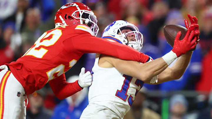 Buffalo wide receiver Mack Hollins makes a touchdown catch with Kansas City cornerback Trent McDuffie draped all over him. Buffalo wide receiver Mack Hollins makes a touchdown catch with Kansas City cornerback Trent McDuffie draped all over him.