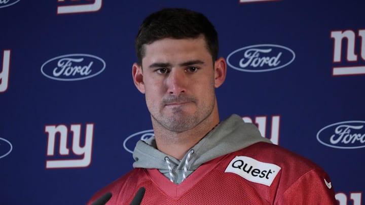 Nov 8, 2024; Munich, Germany; New York Giants quarterback Daniel Jones (8) during press conference at the FC Bayern Munchen training grounds at Sabener Strasse.  Mandatory Credit: Kirby Lee-Imagn Images