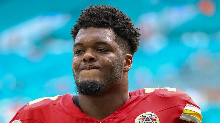 Sep 27, 2026; Miami Gardens, Florida, USA; Kansas City Chiefs offensive tackle Kahlil Benson (70) looks on after a gassed against the Miami Dolphins at Hard Rock Stadium. Mandatory Credit: Nathan Ray Seebeck-Imagn Images