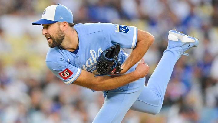 Aug 11, 2026; Los Angeles, California, USA; Kansas City Royals pitcher Michael Wacha (52) delivers in the second inning against the Los Angeles Dodgers at Dodger Stadium. Mandatory Credit: Jayne Kamin-Oncea-Imagn Images