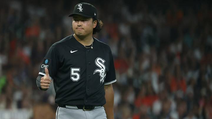 Sep 29, 2026: Chicago White Sox pitcher Munetaka Murakami (5) reacts  during game one of the Wildcard round for the 2026 MLB Playoffs at Daikin Park. Credit: Troy Taormina-Imagn Images
