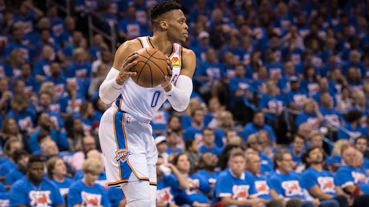 Apr 21, 2019; Oklahoma City, OK, USA; Oklahoma City Thunder guard Russell Westbrook (0) holds the ball during the game against the Portland Trail Blazers in game four of the first round of the 2019 NBA Playoffs at Chesapeake Energy Arena. Mandatory Credit: Rob Ferguson-Imagn Images Apr 21, 2019; Oklahoma City, OK, USA; Oklahoma City Thunder guard Russell Westbrook (0) holds the ball during the game against the Portland Trail Blazers in game four of the first round of the 2019 NBA Playoffs at Chesapeake Energy Arena. Mandatory Credit: Rob Ferguson-Imagn Images