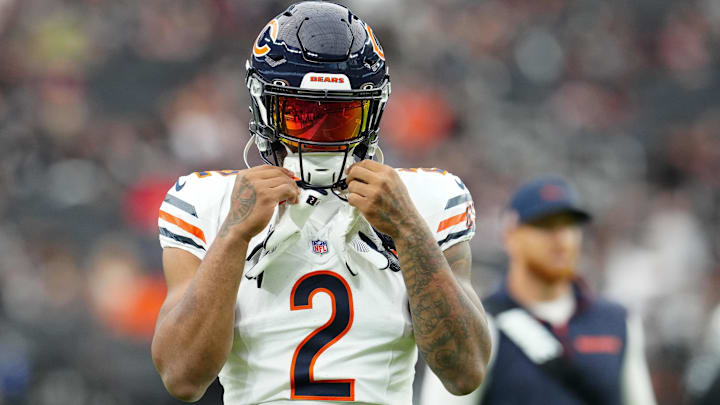 Sep 28, 2025; Paradise, Nevada, USA; Chicago Bears wide receiver DJ Moore (2) warms up before the game against the Las Vegas Raiders at Allegiant Stadium.