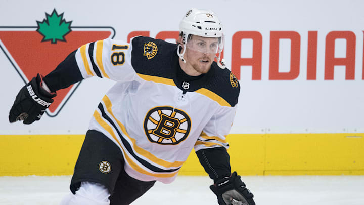 Oct 19, 2019; Toronto, Ontario, CAN; Boston Bruins right wing Brett Ritchie (18) skates during the warm-up against the Toronto Maple Leafs at Scotiabank Arena. Mandatory Credit: Nick Turchiaro-USA TODAY Sports