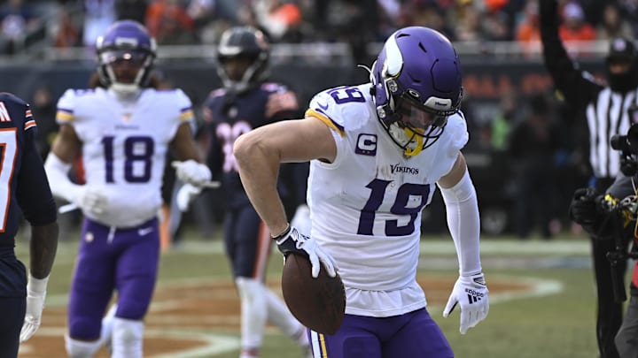 Jan 8, 2023; Chicago, Illinois, USA;  Minnesota Vikings wide receiver Adam Thielen (19) celebrates his touchdown against the Chicago Bears during the first half at Soldier Field. 