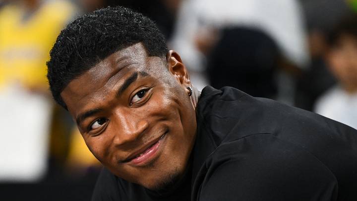 Oct 4, 2024; Palm Desert, California, USA; Los Angeles Lakers forward Rui Hachimura (28) reacts during warmups before the game against the Minnesota Timberwolves at Acrisure Arena. Mandatory Credit: Jonathan Hui-Imagn Images