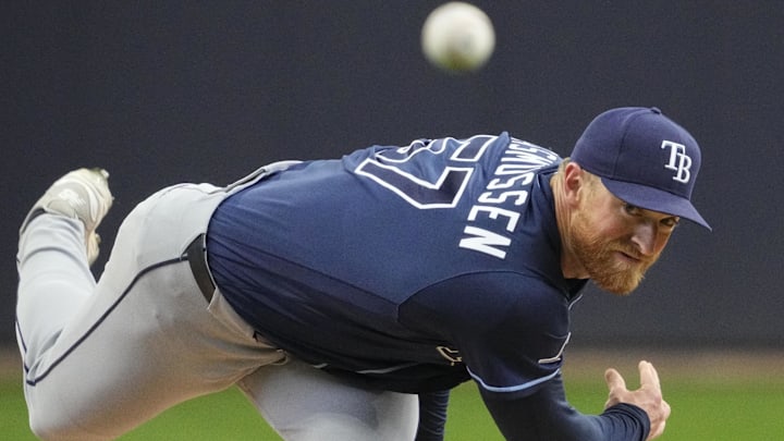 Apr 1, 2026; Milwaukee, Wisconsin, USA; Tampa Bay Rays pitcher Drew Rasmussen (57) delivers a pitch against the Milwaukee Brewers in the first inning at American Family Field.