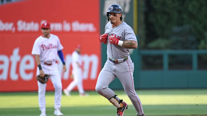 Jul 21, 2025; Philadelphia, Pennsylvania, USA; Boston Red Sox outfielder Jarren Duran (16) runs the bases after hitting a home run during the first inning against the Philadelphia Phillies at Citizens Bank Park. Mandatory Credit: Eric Hartline-Imagn Images Jul 21, 2025; Philadelphia, Pennsylvania, USA; Boston Red Sox outfielder Jarren Duran (16) runs the bases after hitting a home run during the first inning against the Philadelphia Phillies at Citizens Bank Park. Mandatory Credit: Eric Hartline-Imagn Images
