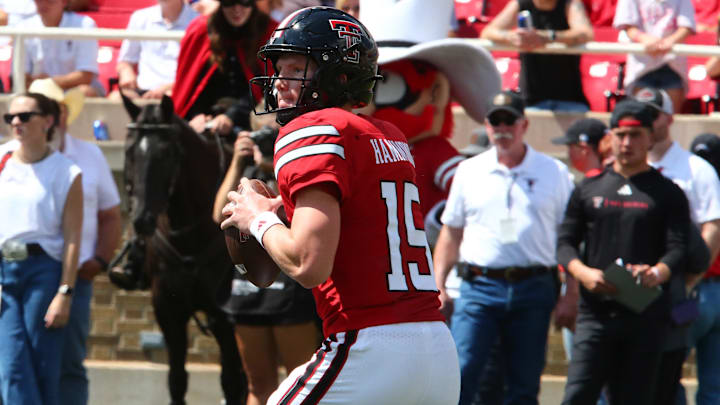Sep 14, 2024; Lubbock, Texas, USA;  Texas Tech Red Raiders quarterback Will Hammond (15) drops back to pass against the North Texas Mean Green in the second half at Jones AT&T Stadium and Cody Campbell Field. Mandatory Credit: Michael C. Johnson-Imagn Images