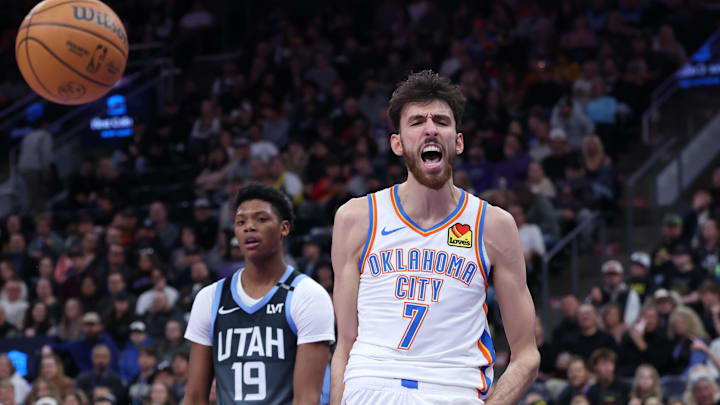 Dec 7, 2025; Salt Lake City, Utah, USA; Oklahoma City Thunder center Chet Holmgren (7) reacts after a dunk against the Utah Jazz during the second quarter at Delta Center. Mandatory Credit: Rob Gray-Imagn Images