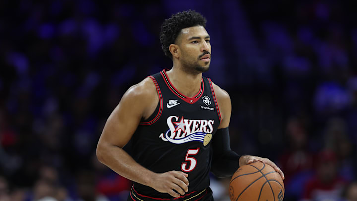 Nov 9, 2025; Philadelphia, Pennsylvania, USA; Philadelphia 76ers guard Quentin Grimes (5) controls the ball against the Detroit Pistons during the third quarter at Xfinity Mobile Arena. Mandatory Credit: Bill Streicher-Imagn Images
