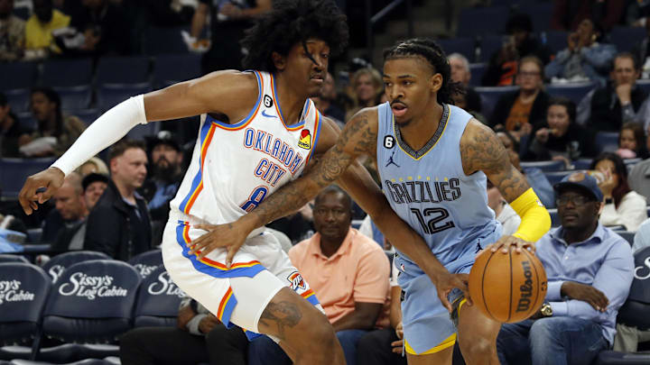 Dec 7, 2022; Memphis, Tennessee, USA; Memphis Grizzlies guard Ja Morant (12) dribbles as Oklahoma City Thunder forward Jalen Williams (8) defends during the second half at FedExForum. Mandatory Credit: Petre Thomas-Imagn Images