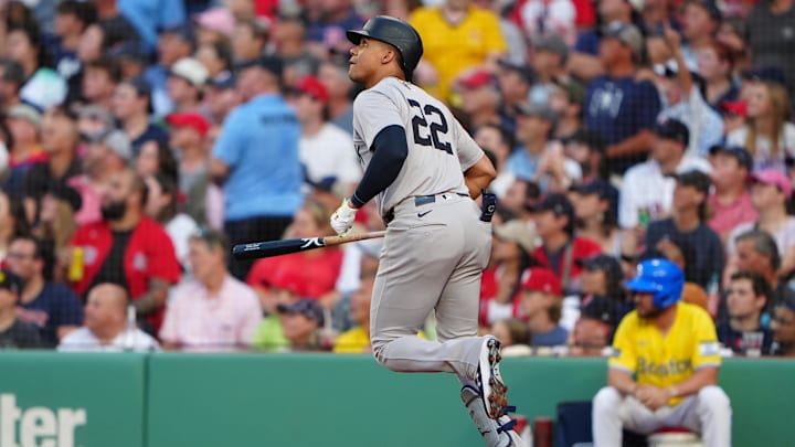 Jul 27, 2024; Boston, Massachusetts, USA; New York Yankees left fielder Juan Soto (22) watches his two-run home run against the Boston Red Sox during the first inning at Fenway Park. Mandatory Credit: Gregory Fisher-Imagn Images