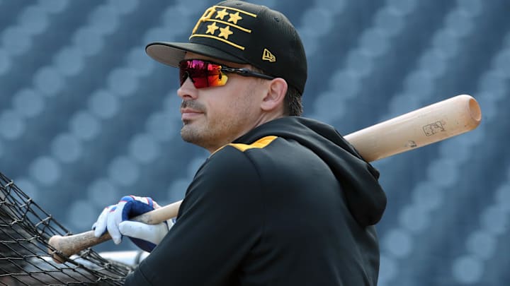 Apr 16, 2025; Pittsburgh, Pennsylvania, USA;  Pittsburgh Pirates designated hitter Bryan Reynolds (10) looks on at the batting cage before the game against the Washington Nationals at PNC Park. Mandatory Credit: Charles LeClaire-Imagn Images