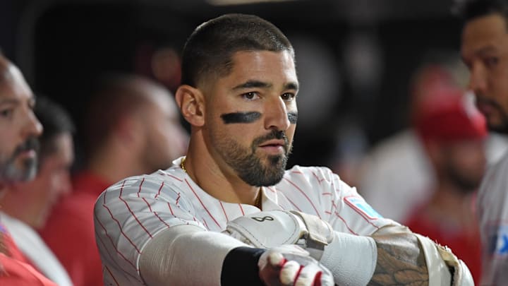 Apr 14, 2025; Philadelphia, Pennsylvania, USA; Philadelphia Phillies outfielder Nick Castellanos (8) celebrates his home run in the dugout during the fifth inning against the San Francisco Giants at Citizens Bank Park. Apr 14, 2025; Philadelphia, Pennsylvania, USA; Philadelphia Phillies outfielder Nick Castellanos (8) celebrates his home run in the dugout during the fifth inning against the San Francisco Giants at Citizens Bank Park.