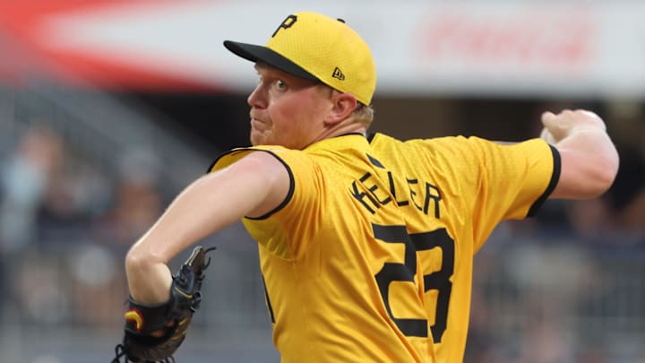 Sep 19, 2025; Pittsburgh, Pennsylvania, USA;  Pittsburgh Pirates starting pitcher Mitch Keller (23) delivers a pitch  against the Athletics during the first inning at PNC Park. Mandatory Credit: Charles LeClaire-Imagn Images