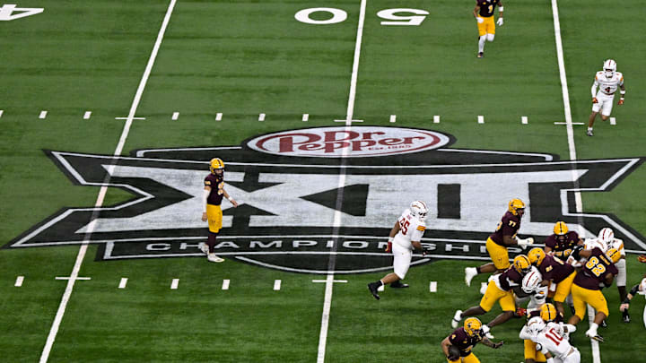 Dec 7, 2024; Arlington, TX, USA; A view of the Big 12 logo and stadium during the game between the Iowa State Cyclones and the Arizona State Sun Devils at AT&T Stadium. Mandatory Credit: Jerome Miron-Imagn Images
