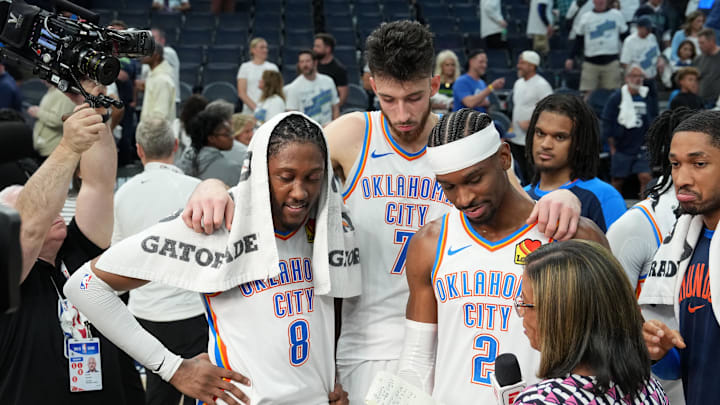 May 26, 2025; Minneapolis, Minnesota, USA; Oklahoma City Thunder forward Jalen Williams (8), forward Chet Holmgren (7) and guard Shai Gilgeous-Alexander (2) talk to the media after defeating the Minnesota Timberwolves in Game 4 of the Western Conference Finals at Target Center. Mandatory Credit: Jesse Johnson-Imagn Images May 26, 2025; Minneapolis, Minnesota, USA; Oklahoma City Thunder forward Jalen Williams (8), forward Chet Holmgren (7) and guard Shai Gilgeous-Alexander (2) talk to the media after defeating the Minnesota Timberwolves in Game 4 of the Western Conference Finals at Target Center. Mandatory Credit: Jesse Johnson-Imagn Images