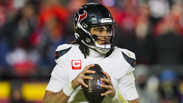 Jan 18, 2025; Kansas City, Missouri, USA; Houston Texans quarterback C.J. Stroud (7) drops back to pass during the second half against the Kansas City Chiefs in a 2025 AFC divisional round game at GEHA Field at Arrowhead Stadium. Mandatory Credit: Jay Biggerstaff-Imagn Images Jan 18, 2025; Kansas City, Missouri, USA; Houston Texans quarterback C.J. Stroud (7) drops back to pass during the second half against the Kansas City Chiefs in a 2025 AFC divisional round game at GEHA Field at Arrowhead Stadium. Mandatory Credit: Jay Biggerstaff-Imagn Images