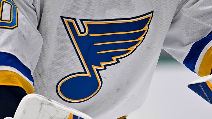 Dec 14, 2024; Dallas, Texas, USA; A view of the Blues logo on the jersey of St. Louis Blues goaltender Jordan Binnington (50) during the game between the Dallas Stars and the St. Louis Blues at American Airlines Center. Mandatory Credit: Jerome Miron-Imagn Images