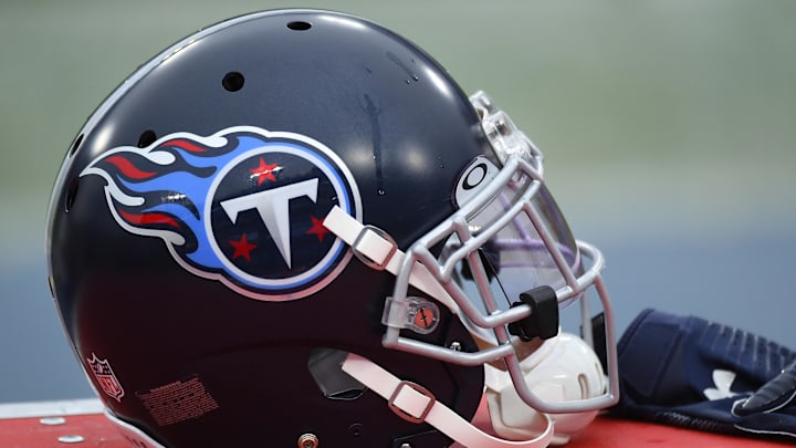 Oct 18, 2020; Nashville, Tennessee, USA; View of a Tennessee Titans helmet before the game against the Houston Texans at Nissan Stadium. Mandatory Credit: Christopher Hanewinckel-Imagn Images