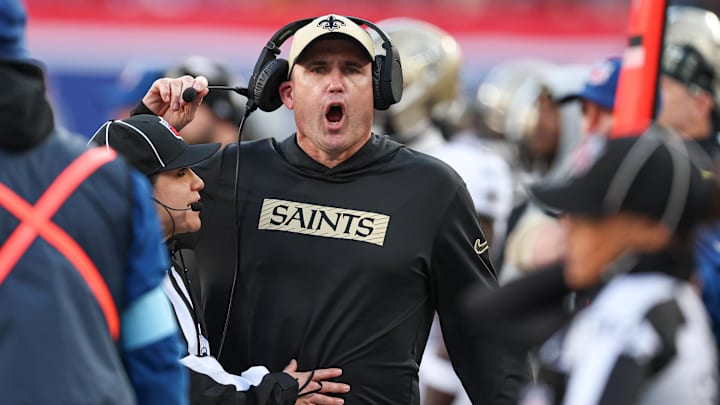 Dec 8, 2024; East Rutherford, New Jersey, USA; New Orleans Saints head coach Darren Rizzi reacts during the second half against the New York Giants at MetLife Stadium. Mandatory Credit: Vincent Carchietta-Imagn Images Dec 8, 2024; East Rutherford, New Jersey, USA; New Orleans Saints head coach Darren Rizzi reacts during the second half against the New York Giants at MetLife Stadium. Mandatory Credit: Vincent Carchietta-Imagn Images